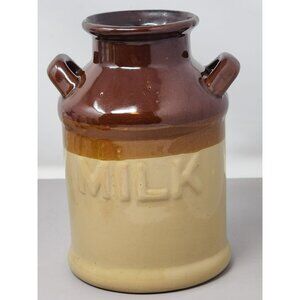 Vintage Two-Tone‎ Brown & Beige Ceramic Milk Jug Decor With Handles Farm Pottery